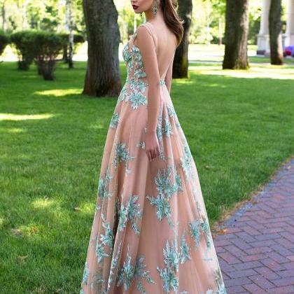 A Line Bateau Long Sleeves Backless Prom Dress with Beading LBQ2730 main image 1