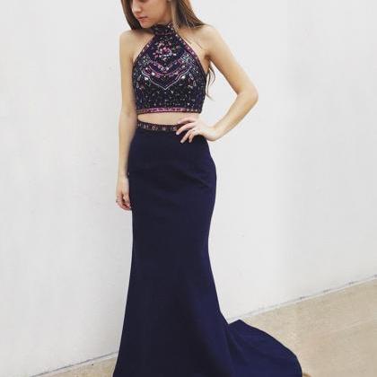 Two Piece Mermaid Halter Neck Blue Prom Dress with Beading and Spaghetti Strape LBQ0015 main image 1