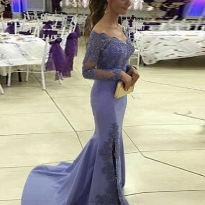 Charming Scoop Long Sleeves Sweep Train Split Lilac Mermaid Prom Dress ...