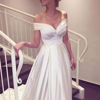 Simple White Satin Off Shoulder Long Prom Dress With Train,woman