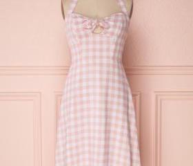 50s Fashion A Line Halter Pink Plaid Vintage Dress On Luulla