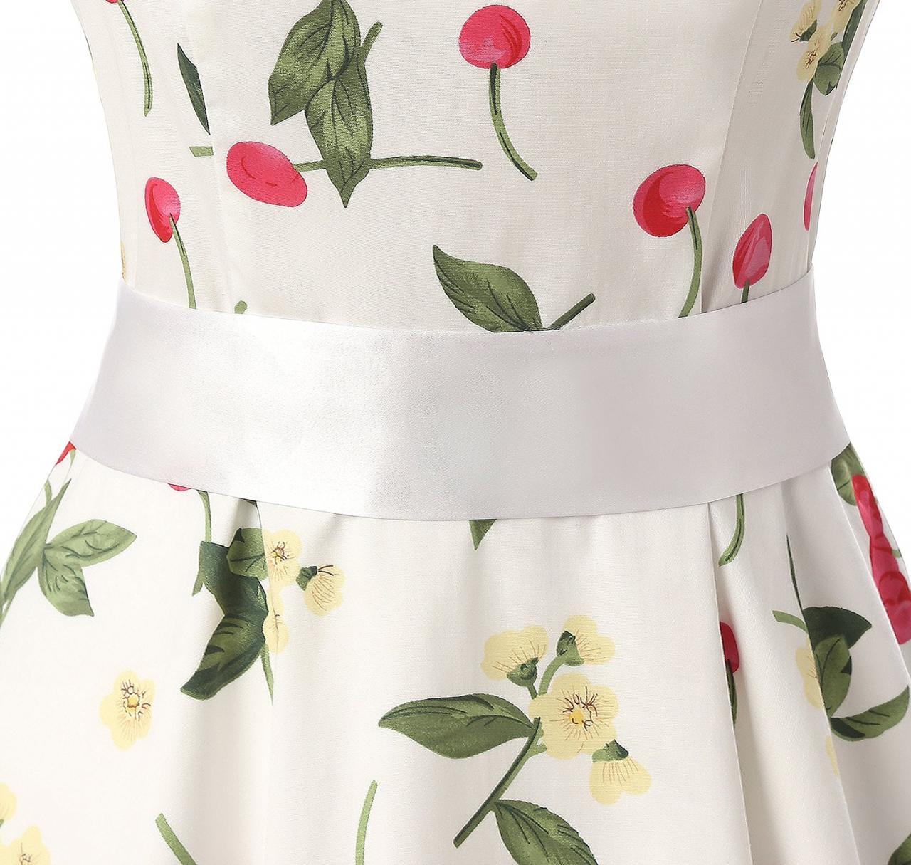 50s Vintage Style Halter White Floral Print Swing Party Dress on Luulla