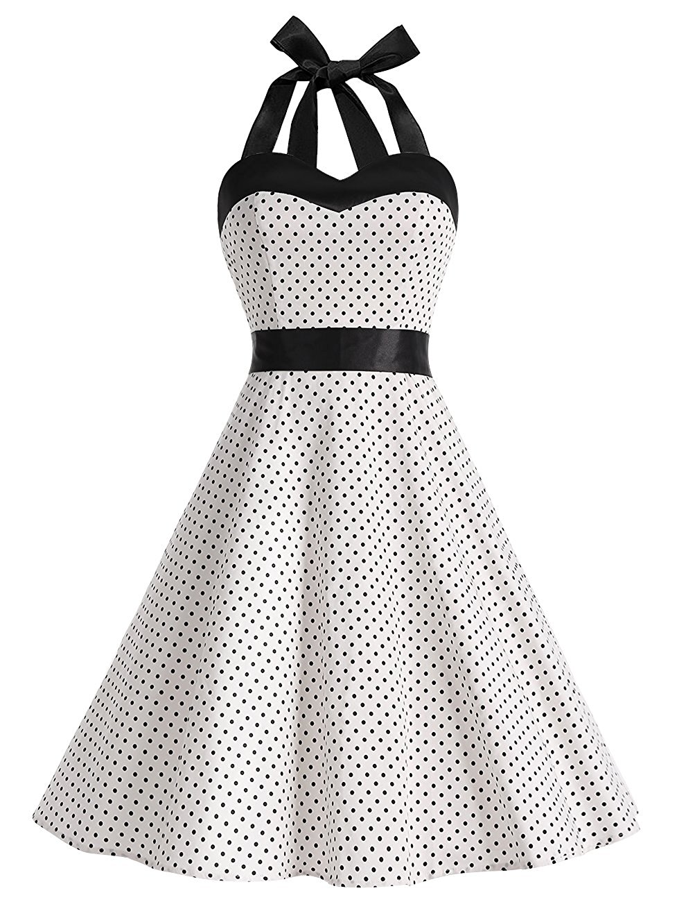 50s Vintage Style Halter White Polka Dots Ruched Retro Dress on Luulla