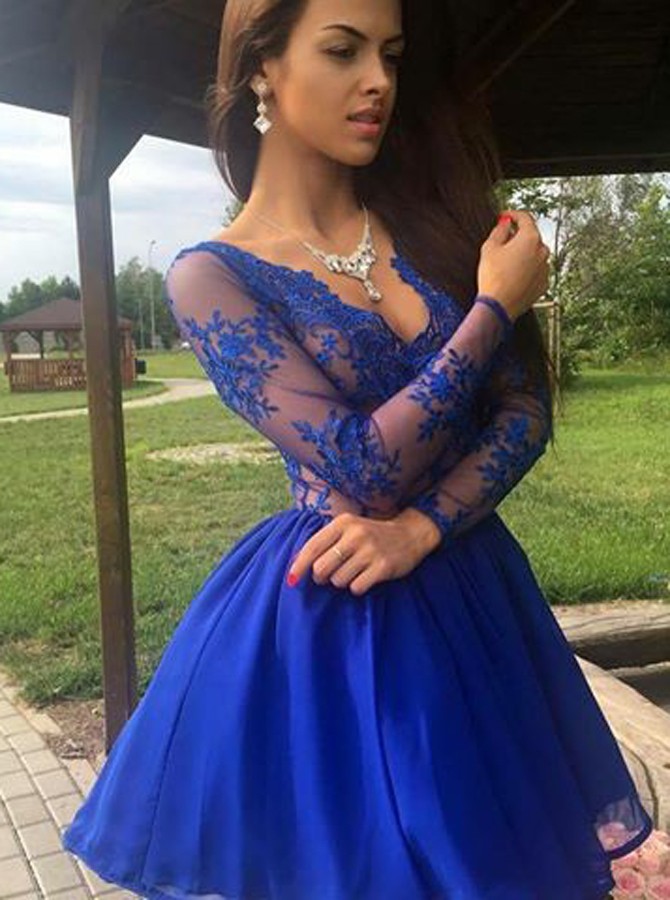 Fashion A-line V-neck Long Sleeves Royal Blue Short Homecoming Dress