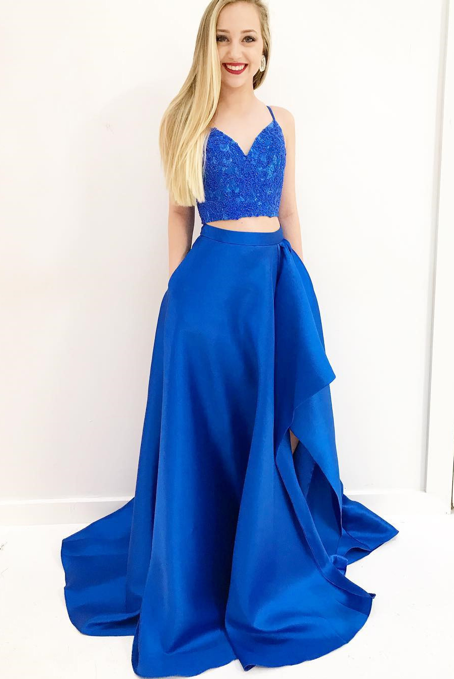 Fashion Two Piece A Line Spaghetti Straps Royal Blue Long Prom Dress With Lace On Luulla