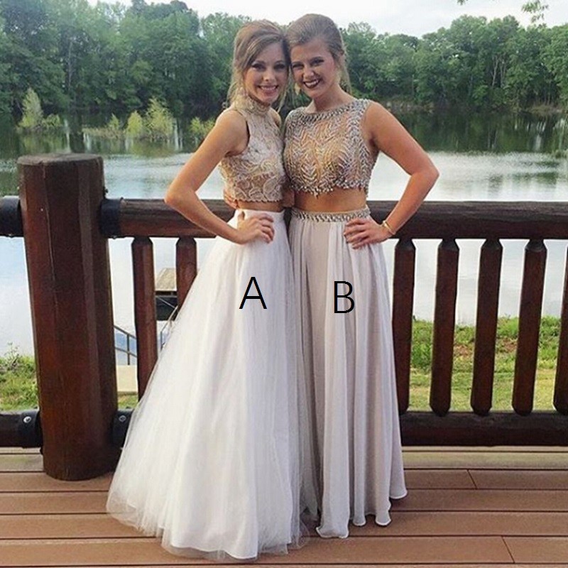 high neck 2 piece prom dress