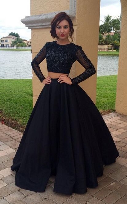 Long Sleeves Two Pieces Prom Dresses For Teens modest Prom Gowns