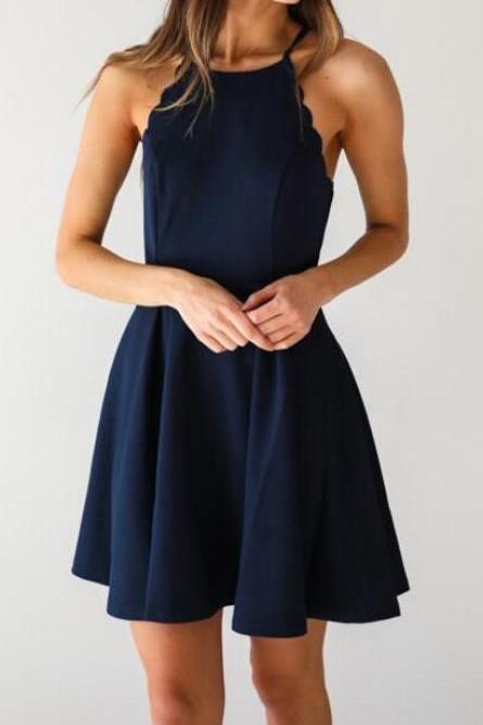 Simple A-line Jewel Sleeveless Navy Blue Short Homecoming Dress With Pleats