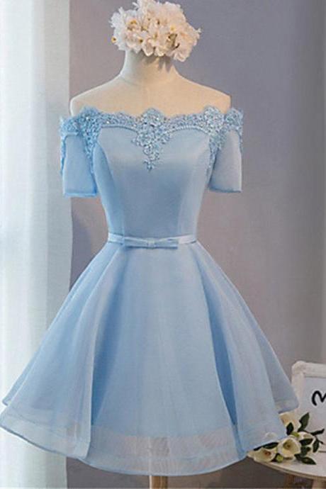 Elegant A-line Off-the-shoulder Lace Up Short Homecoming Dress With Appliques