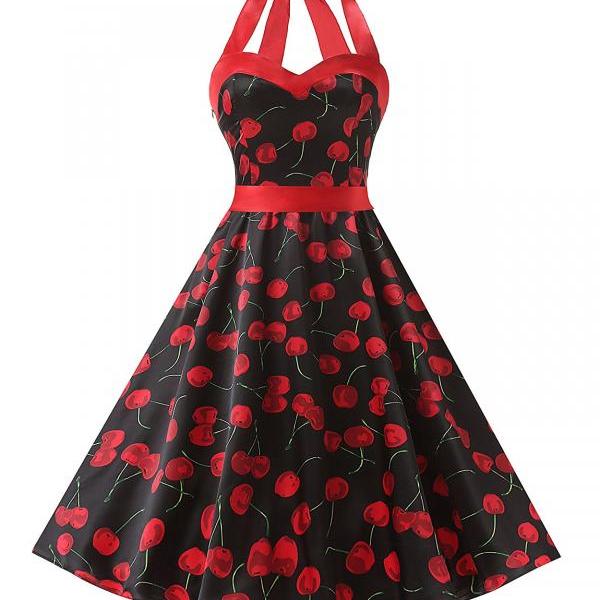 50s Vintage Style Halter Floral Print Swing Ruched Retro Dress on Luulla