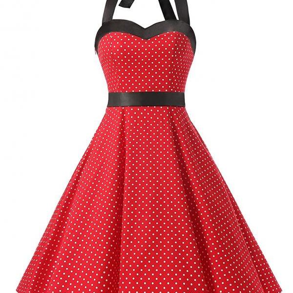 50s Vintage Style Halter Red Polka Dots Rockabilly Swing Dress on Luulla