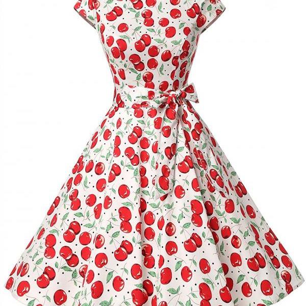 50s Fashion Vintage Style White Cherry Print Swing Dress With Bowknot ...