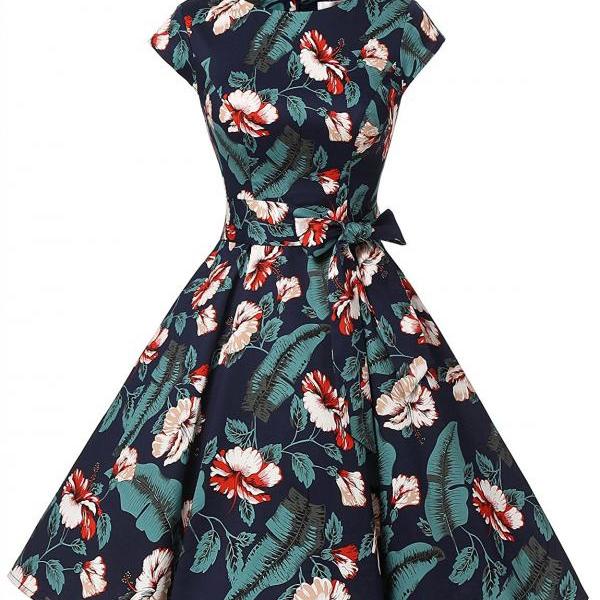 50s Fashion Rockabilly Style Scoop Floral Print Vintage Dress With ...