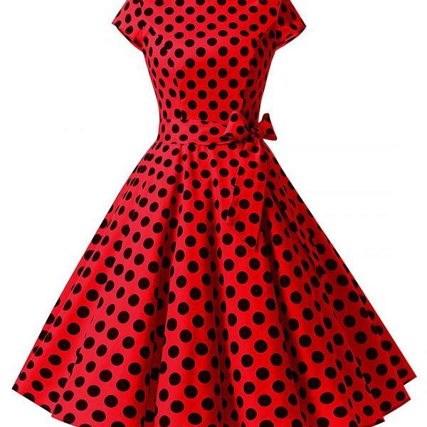 50s Fashion Rockabilly Style Red Polka Dots Vintage Dress With Bowknot ...