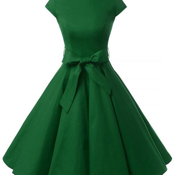 50s Vintage Style Cap Sleeves Green Rockabilly Swing Dress With Bowknot ...