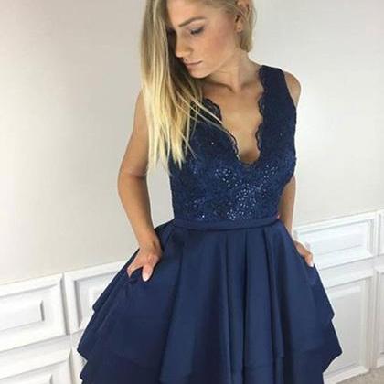 Modern A-line V-neck Straps Sleeveless Short Homecoming Dress With Lace ...
