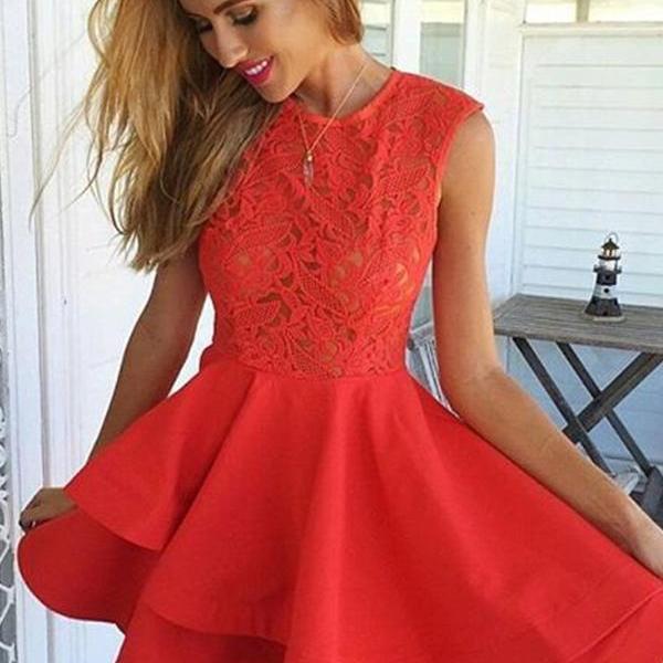 Modern A-Line Jewel Sleeveless Tiered Red Short Homecoming Dress With ...