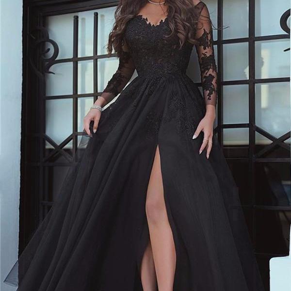 Fashion A-line Long Sleeves Split Front Black Long Prom Dress With Lace ...