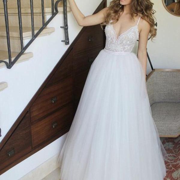 Fashion A-Line Spaghetti Straps White Long Prom Dress With Appliques on Luulla