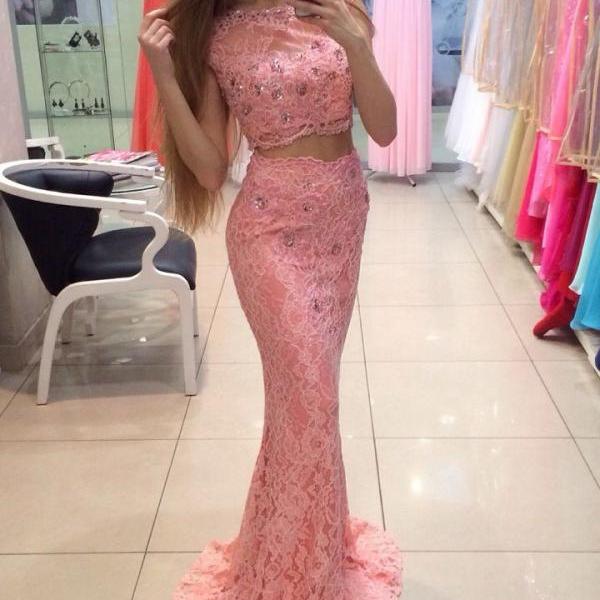 Sheath Pink Lace Keyhole Back Floor Length Sweep Train Column Gown Prom Dress, Sash