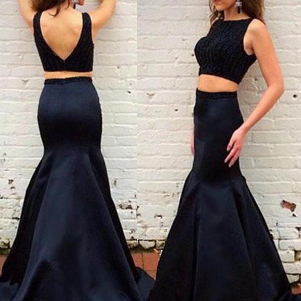 Elegant Jewel Beading Two-pieces Black Mermaid Evening Dress/Prom Gown ...