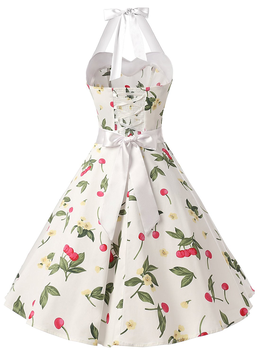 50s Vintage Style Halter White Floral Print Swing Party Dress on Luulla