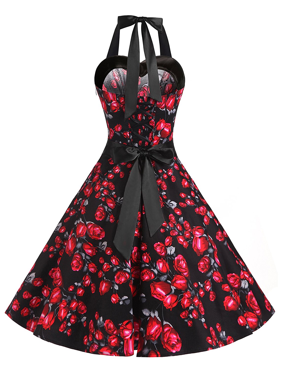50s Vintage Rockabilly Style Halter Black Floral Print Party Dress on ...