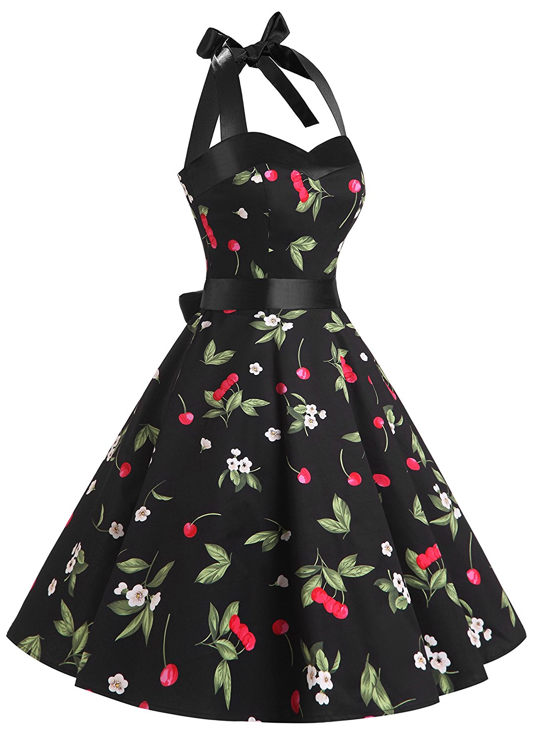 50s Fashion Vintage Style Halter Black Floral Print Retro Dress on Luulla