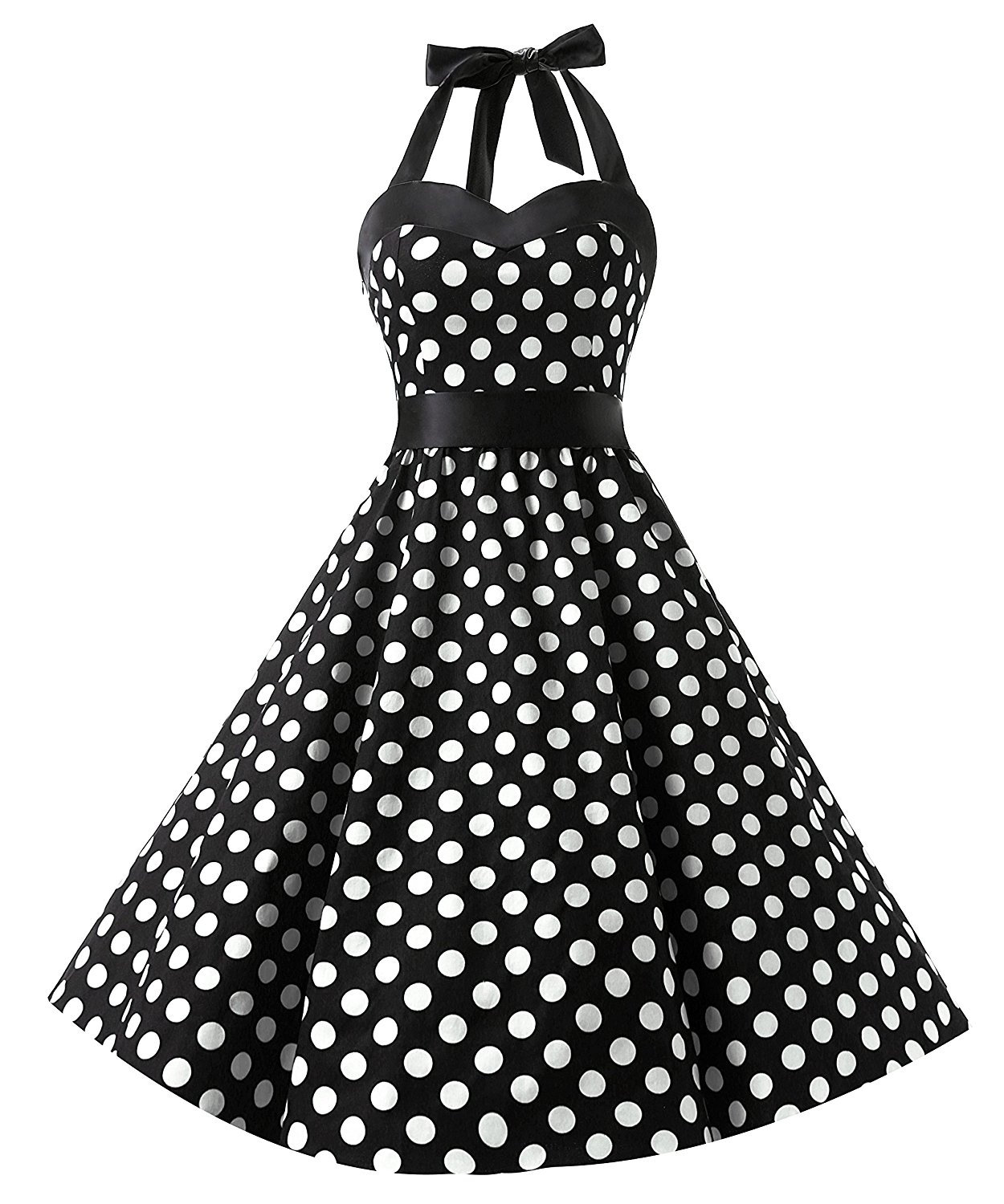 50s Vintage Style Halter Black Polka Dots Ruched Retro Party Dress on ...