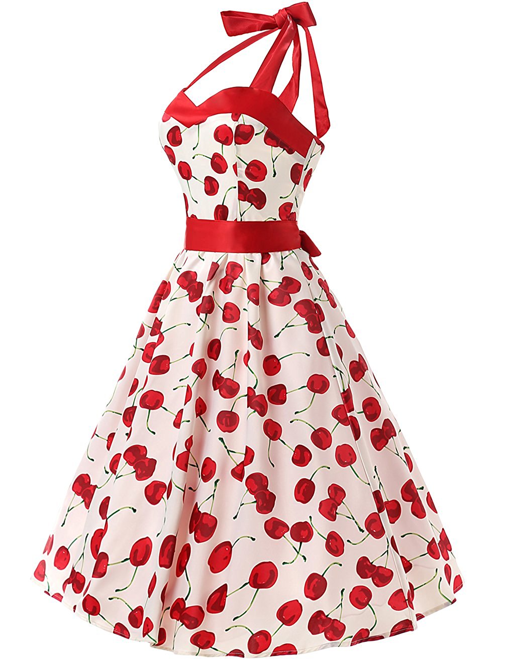 50s Vintage Style Halter White Cherry Print Swing Retro Party Dress on ...