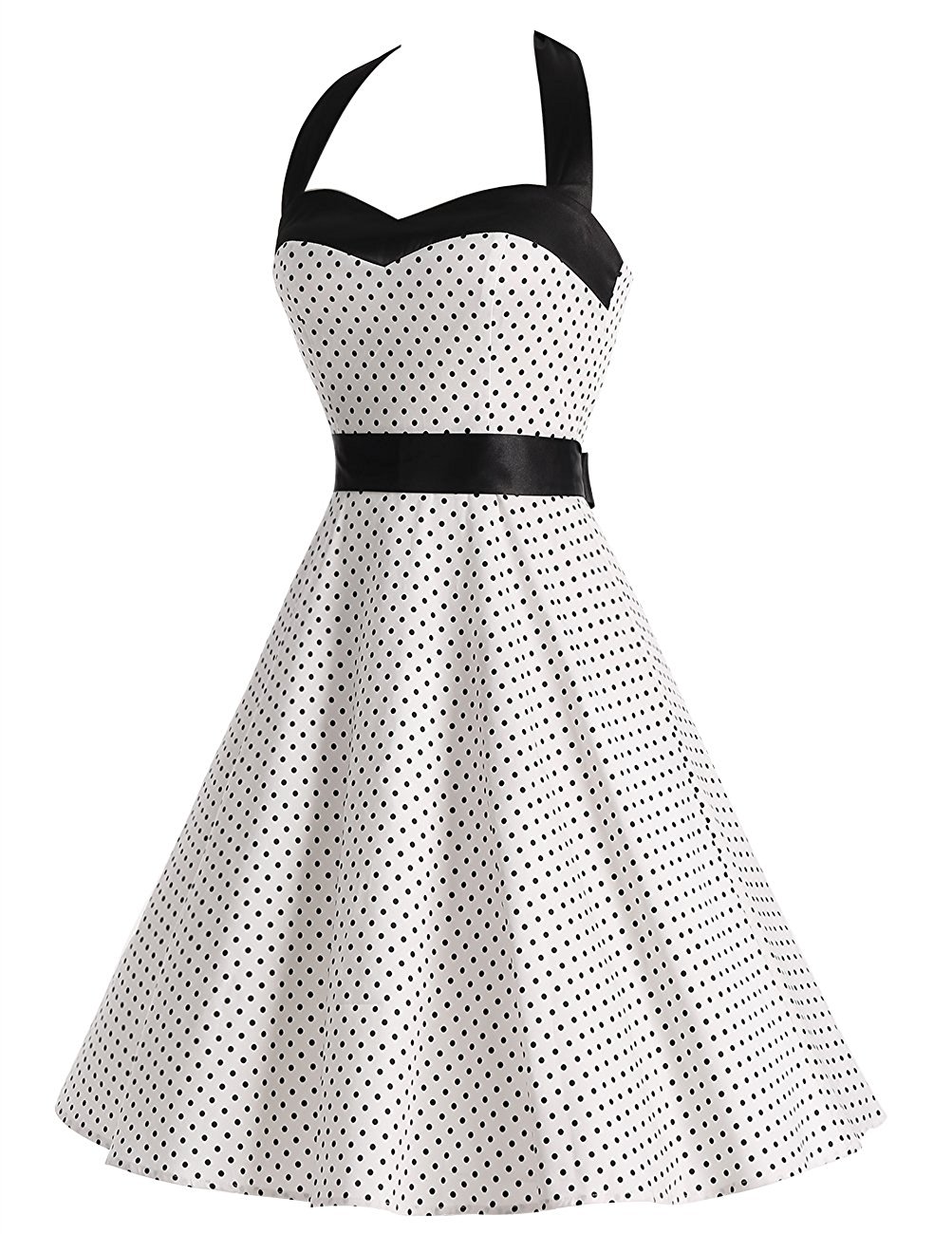 50s Vintage Style Halter White Polka Dots Ruched Retro Dress on Luulla