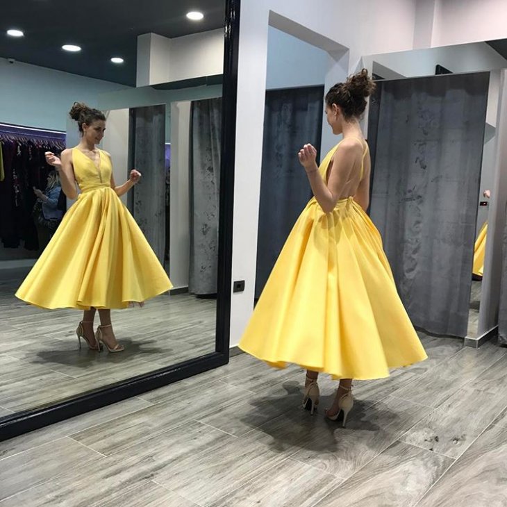 Elegant A-Line V-Neck Criss Cross Yellow Satin Long Homecoming Dress ...
