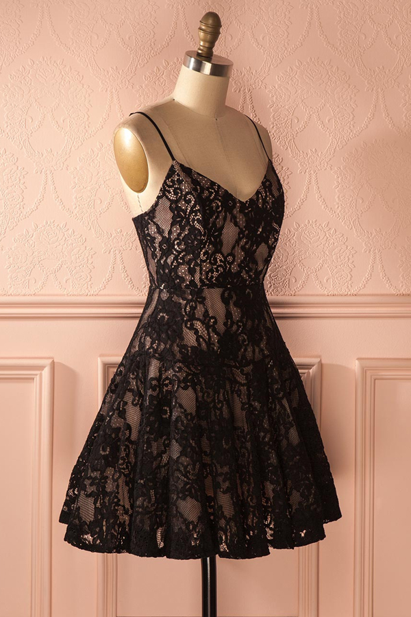 Sexy A Line Spaghetti Straps Backless Black Lace Short Homecoming Dress On Luulla