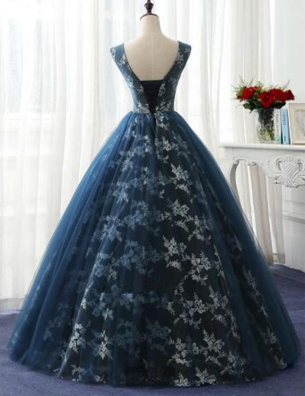 Elegant Ball Gown V-Neck Sleeveless Navy Blue Long Prom/Evening Dress ...