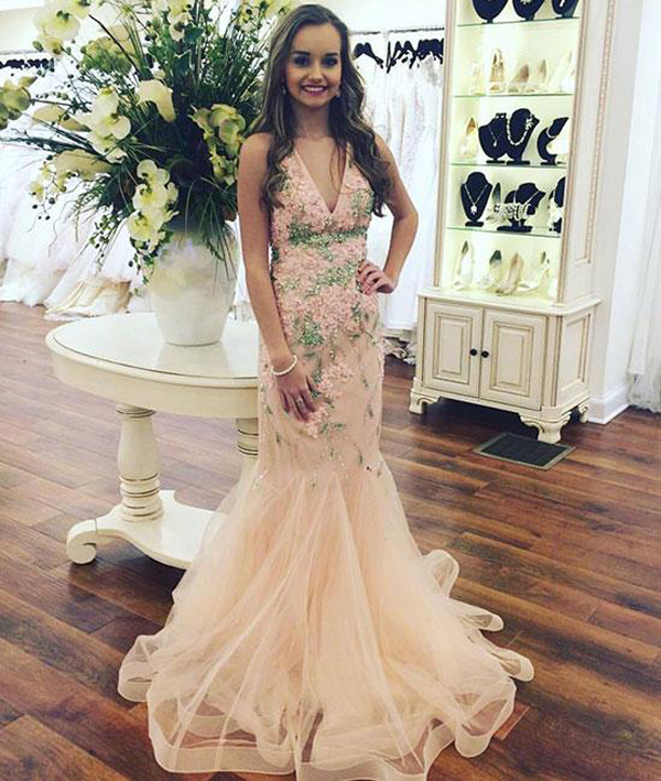 Mermaid V-neck Light Pink Satin Appliques Long Prom Dress