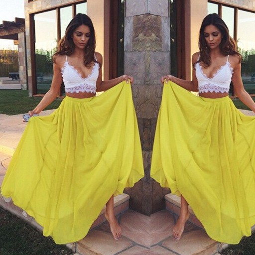 Sexy A-Line V-neck Long Chiffon Yellow Evening/Prom Dress With Lace on ...