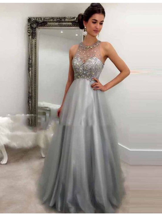 Honorable Crew Neck Sleeveless Floor Length Gray Prom Dress With ...